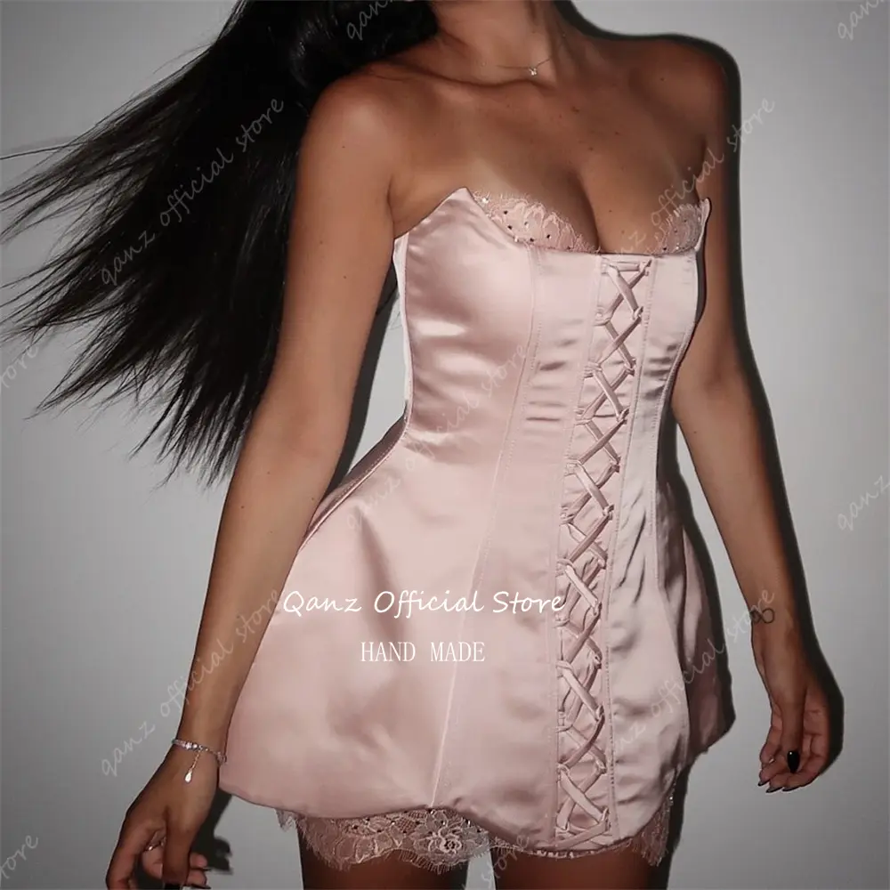 Qanz Pink Satin Prom Dresses Lace Mini Robe Soirées Chic Corset Back Crysatl Vestidos De Fiestas Elegantes Mujer Customized
