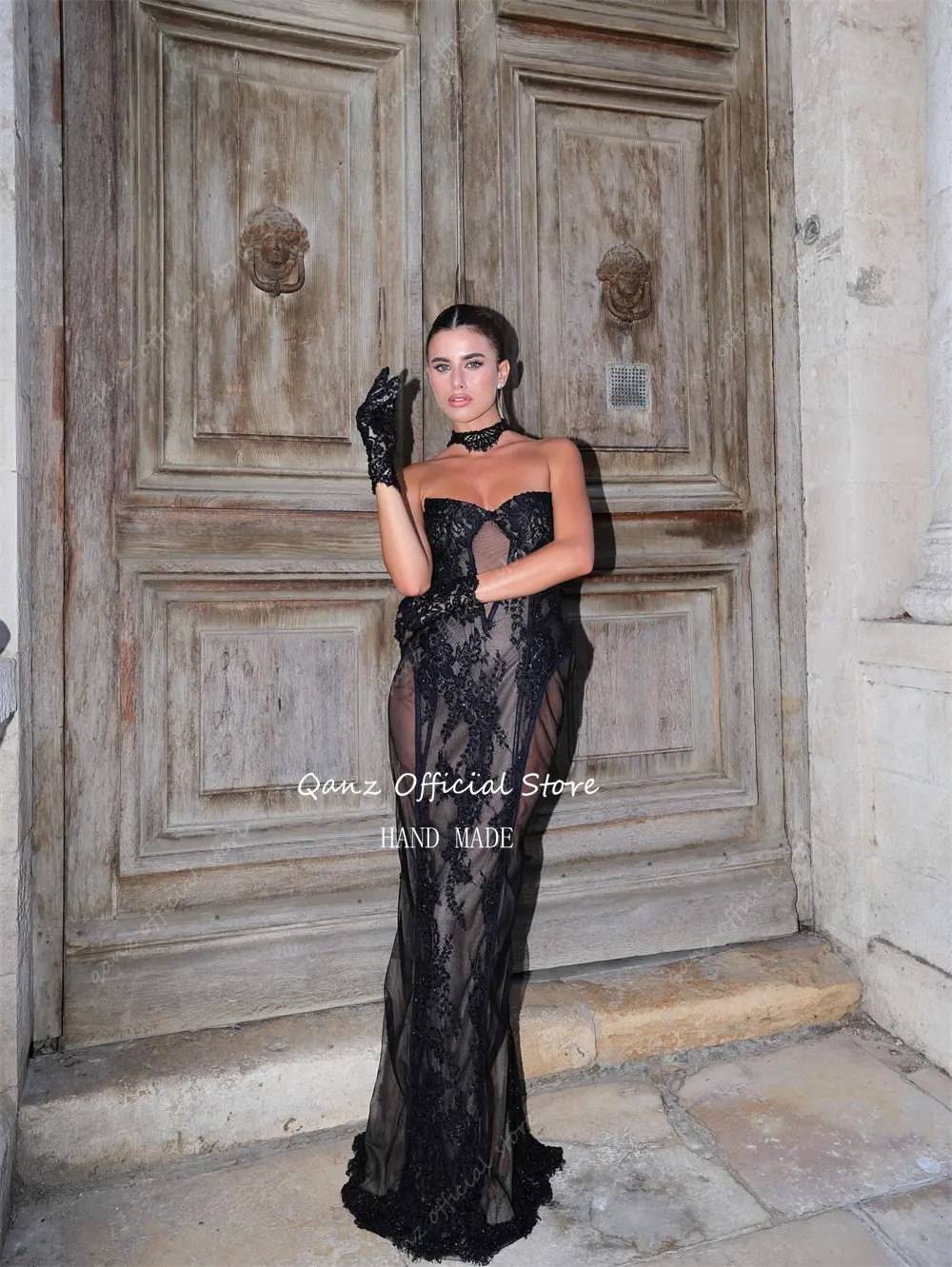 Qanz Delicate Black Lace Prom Dresses Sweetheart Semi-Sheer Evening Dress Mermaid Elegant Dresses For Special Event Customized