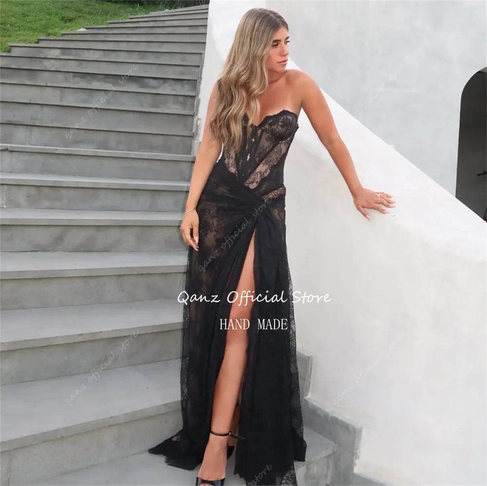 Qanz Black Lace Appliques Prom Dresses Sexy High Slit Mermaid Evening Dress Sweetheart Sleeveless Robe De Soiree Customized