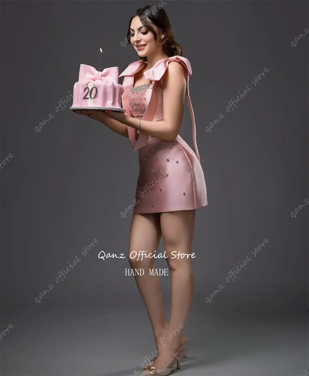Qanz Birthday Photo Shoot Prom Dresses Pink Satin Bow Straps Crystal Bespoke Occasion Dresses Rhinestone Party Club Customized
