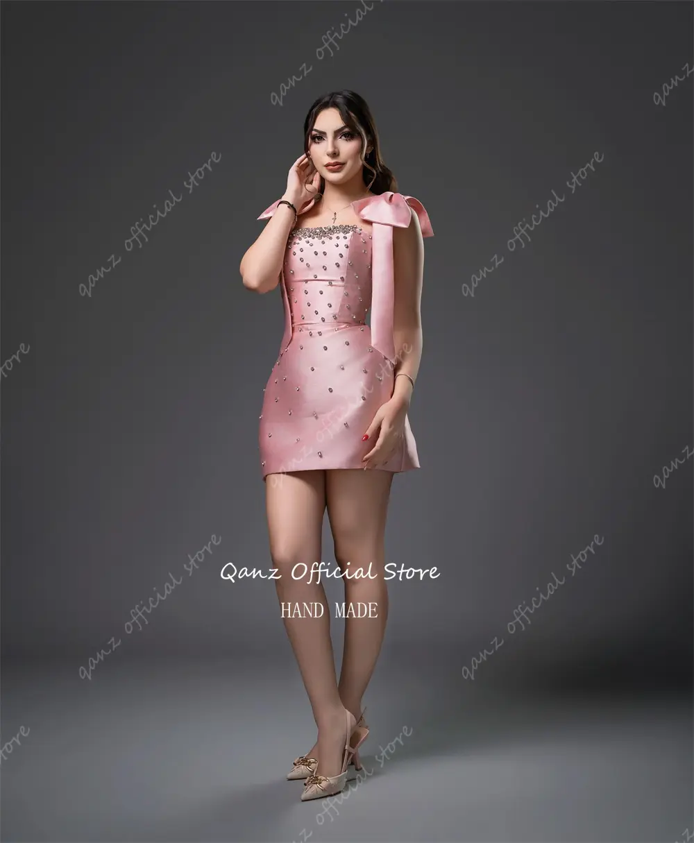 Qanz Birthday Photo Shoot Prom Dresses Pink Satin Bow Straps Crystal Bespoke Occasion Dresses Rhinestone Party Club Customized