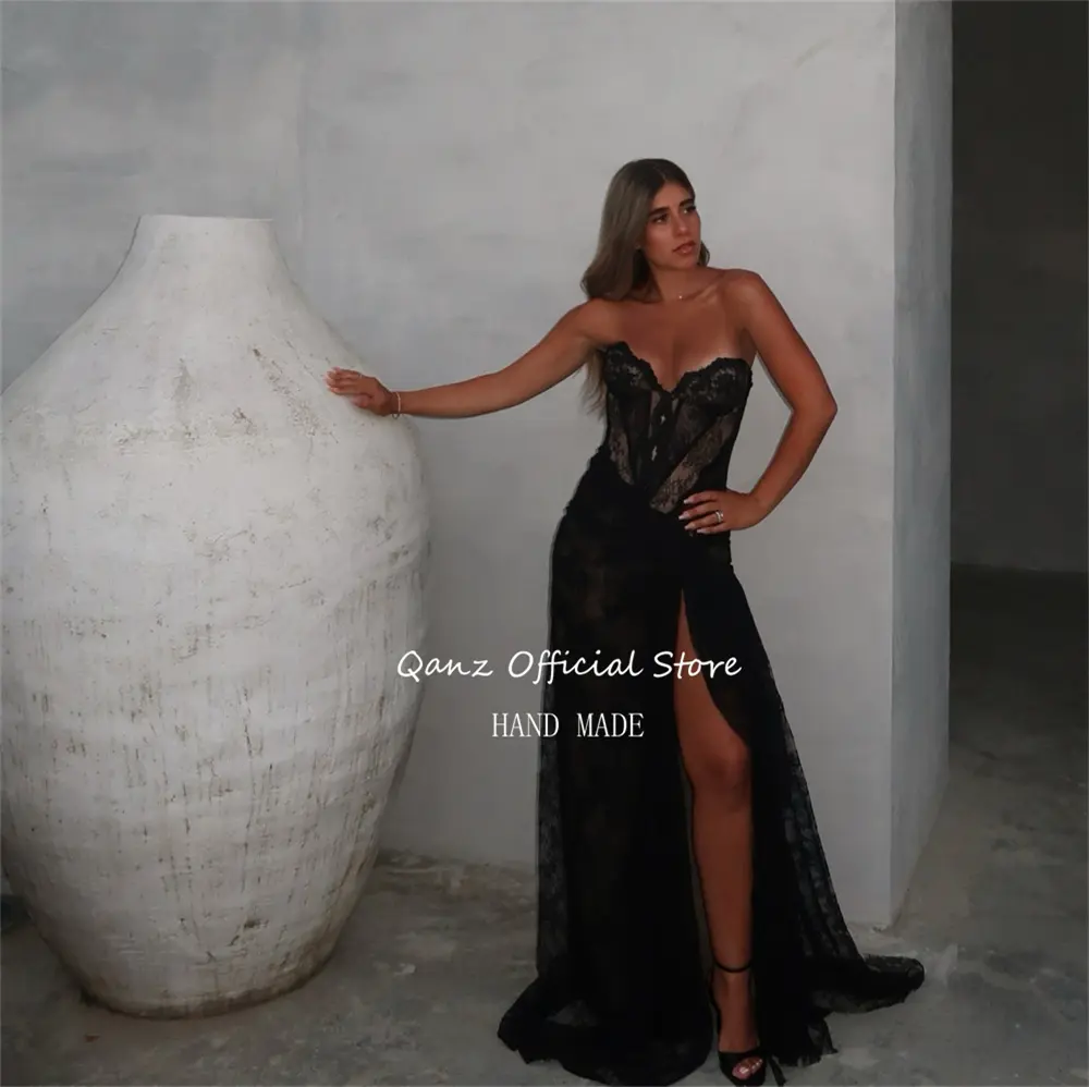 Qanz Black Lace Appliques Prom Dresses Sexy High Slit Mermaid Evening Dress Sweetheart Sleeveless Robe De Soiree Customized