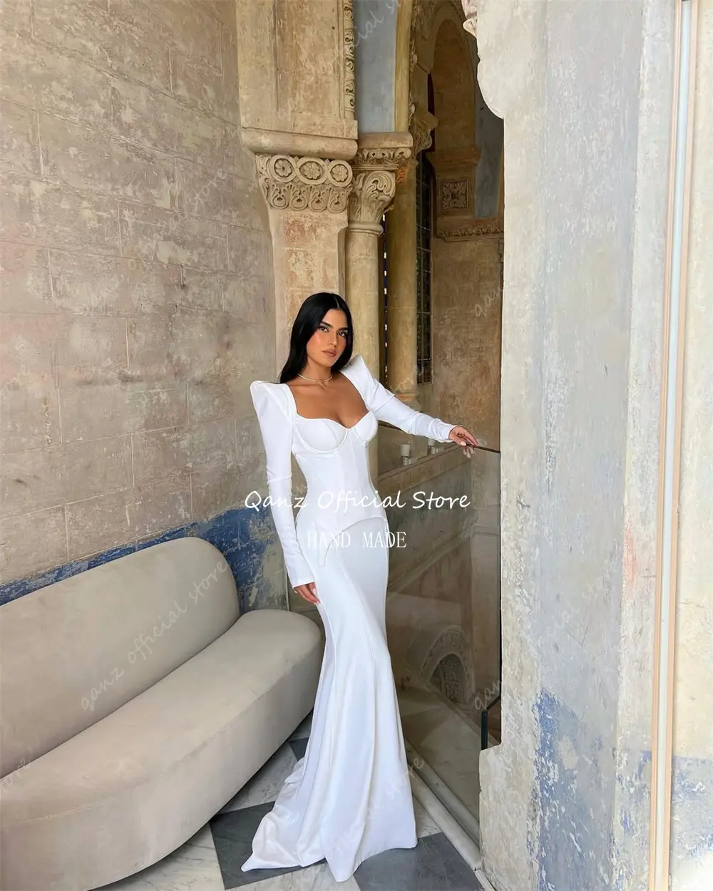 Qanz Sheath Mermaid Wedding Dress Women White Satin Long Sleeves Sweethert Robe De Mariage Femme Corset Bridal Gowns Customized