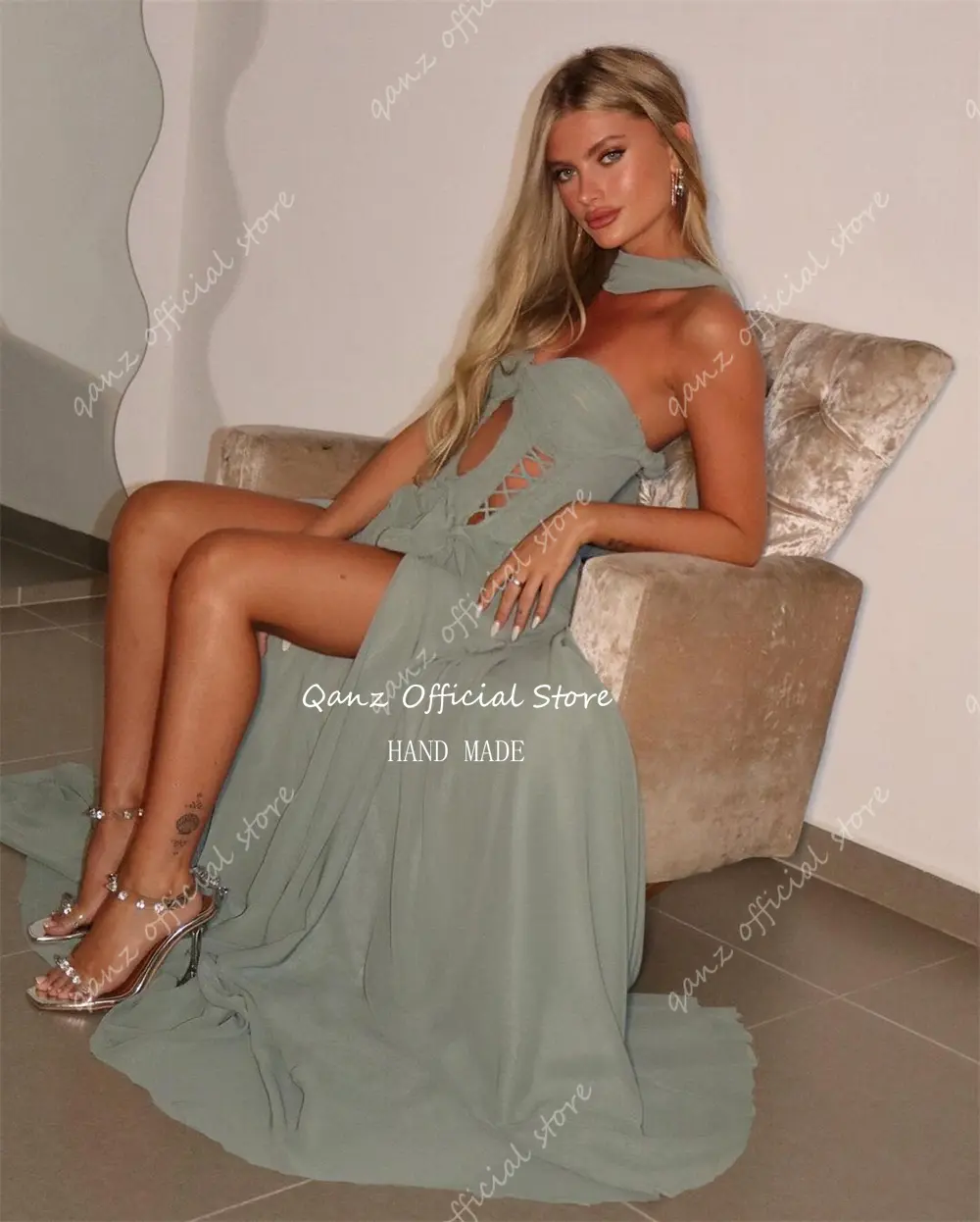 Qanz Chiffon Sweetheart Prom Dresses Elegant Evening Party High Slit With Scarf High Slit Vestidos De Festa Dresses Customized