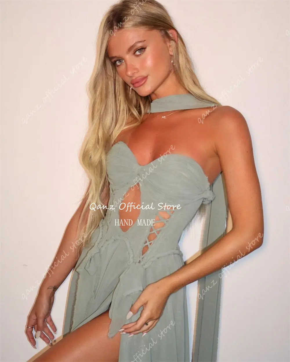 Qanz Chiffon Sweetheart Prom Dresses Elegant Evening Party High Slit With Scarf High Slit Vestidos De Festa Dresses Customized