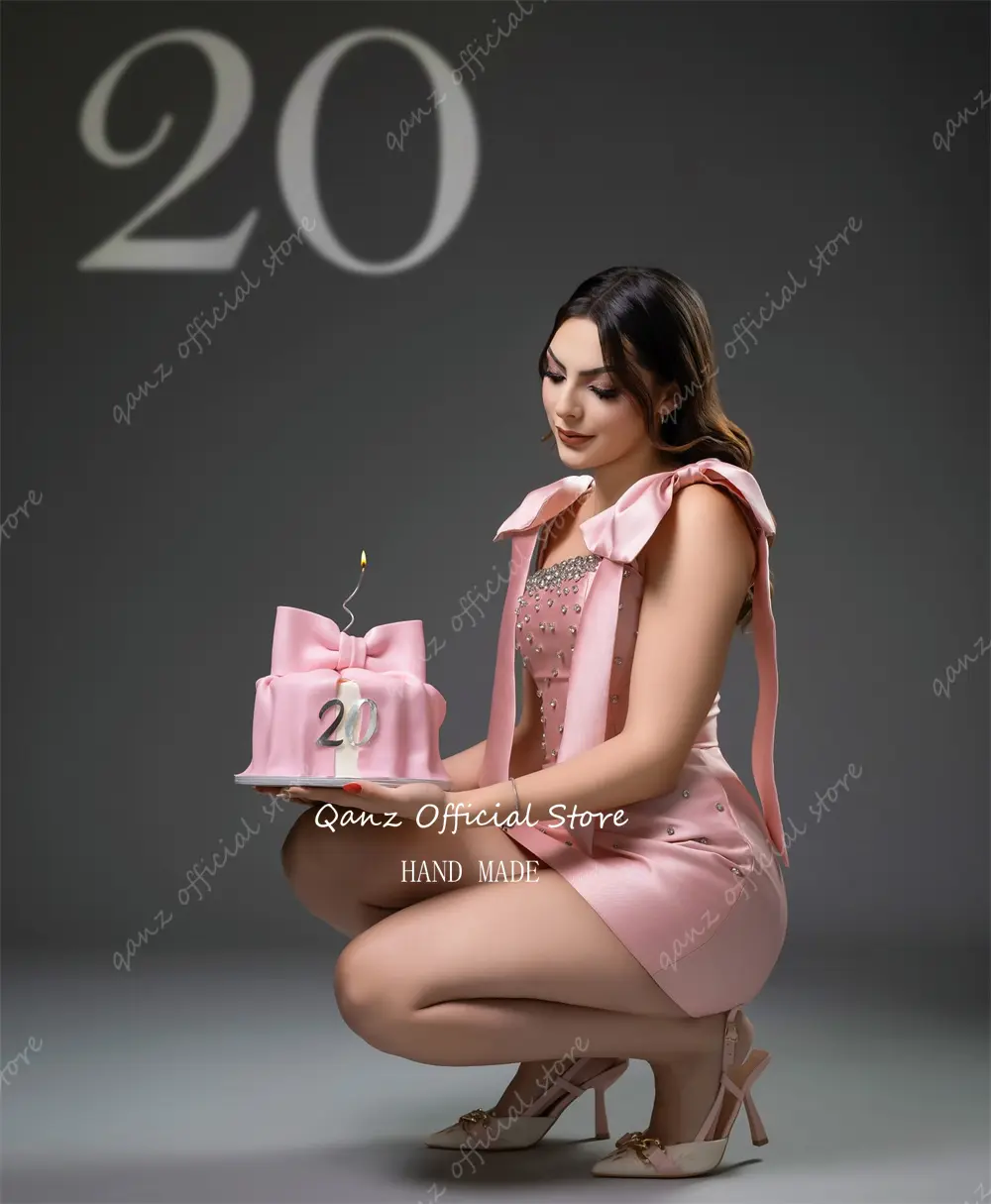 Qanz Birthday Photo Shoot Prom Dresses Pink Satin Bow Straps Crystal Bespoke Occasion Dresses Rhinestone Party Club Customized