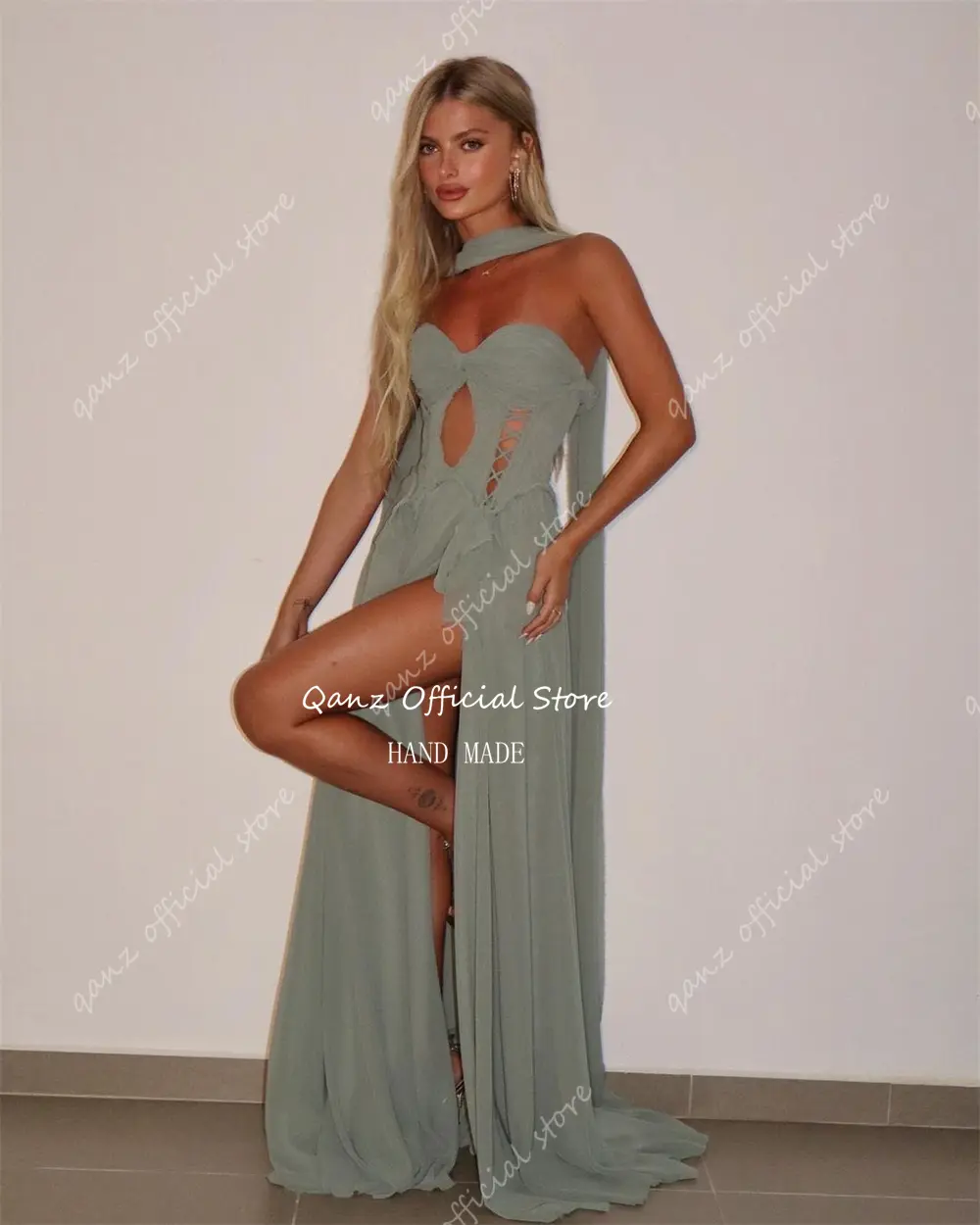 Qanz Chiffon Sweetheart Prom Dresses Elegant Evening Party High Slit With Scarf High Slit Vestidos De Festa Dresses Customized