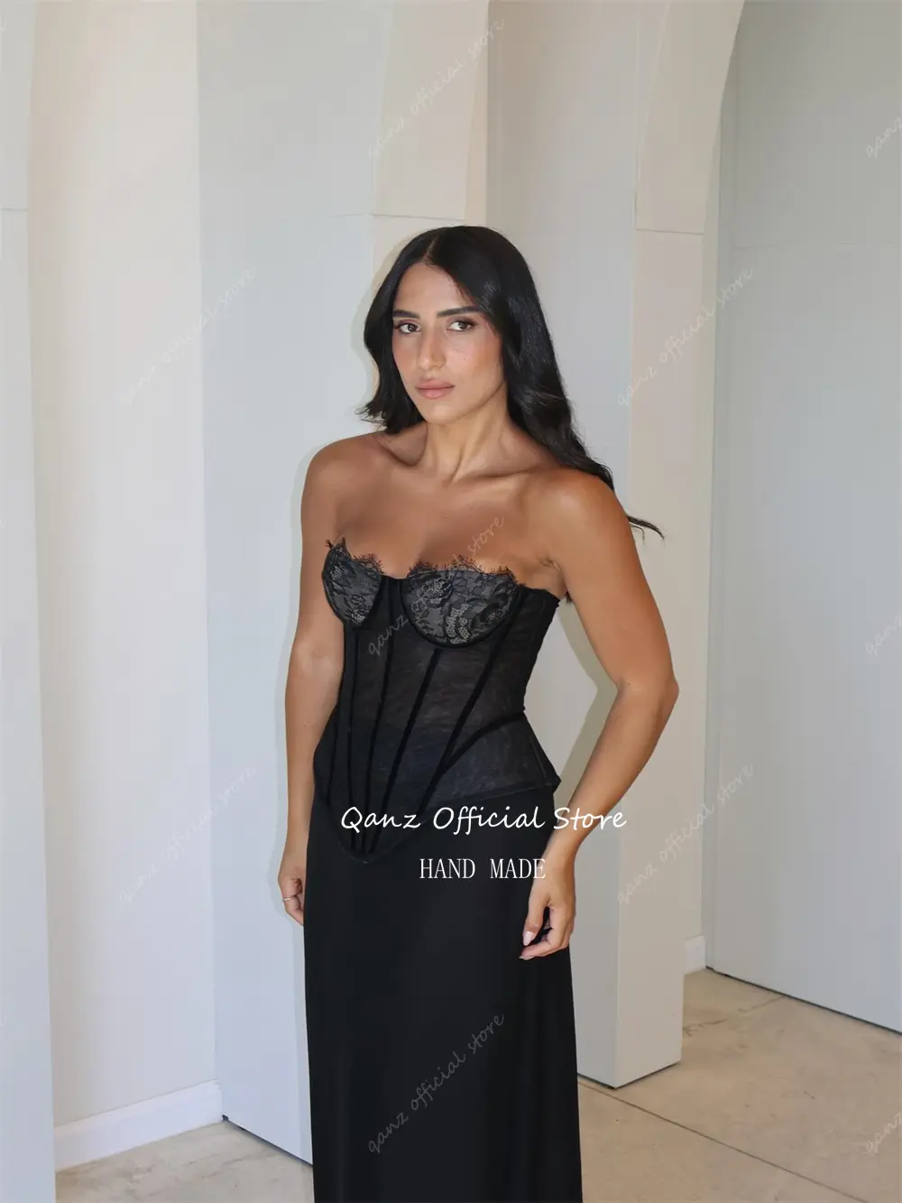 Qanz Modern Black Mermaid Prom Dresses Corset Back Lace Evening Dresses Luxury 2025 Sweetheart Robe De Soirée Customized