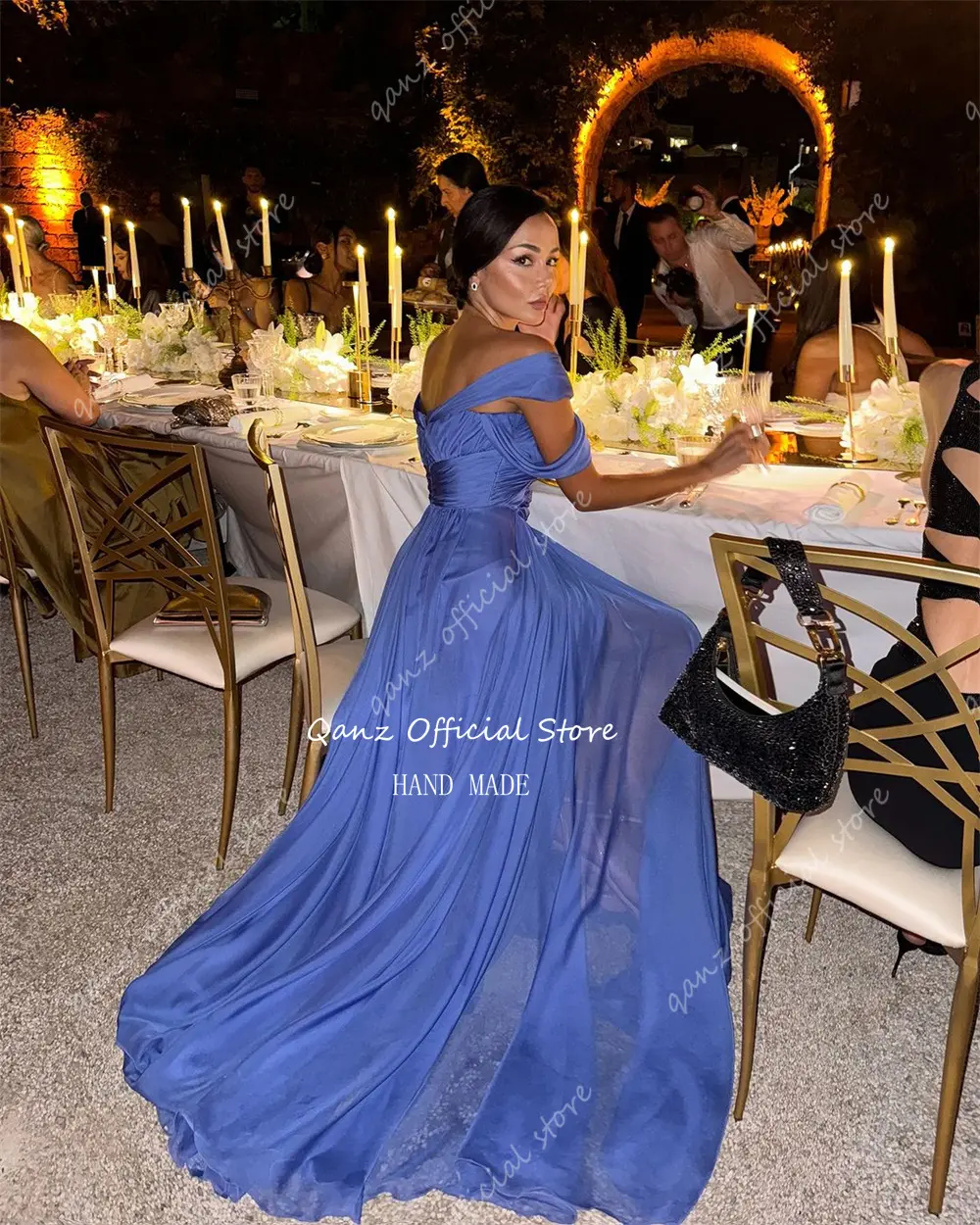 Qanz Customized Silk Chiffon Evening Dresses Long A Line Blue Vestidos De Fiestas Elegantes Mujer Dresses for Special Occasions