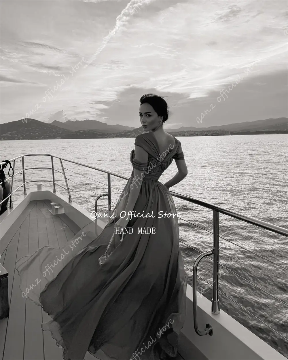 Qanz Customized Silk Chiffon Evening Dresses Long A Line Blue Vestidos De Fiestas Elegantes Mujer Dresses for Special Occasions
