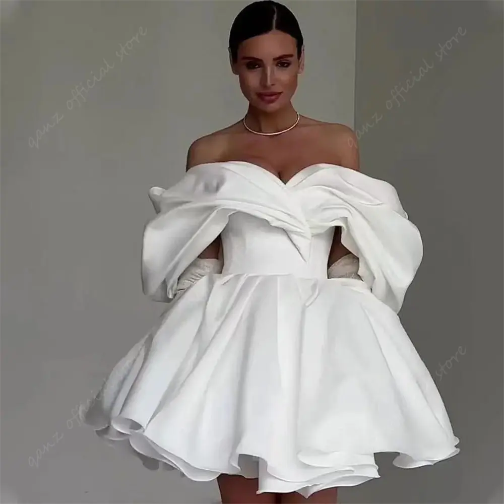 Qanz Short Off The Shoulder Wedding Dresses With Pocket Kneen Length Party Gown Lace Up Birthday Dresses Luxury 2024 Customized