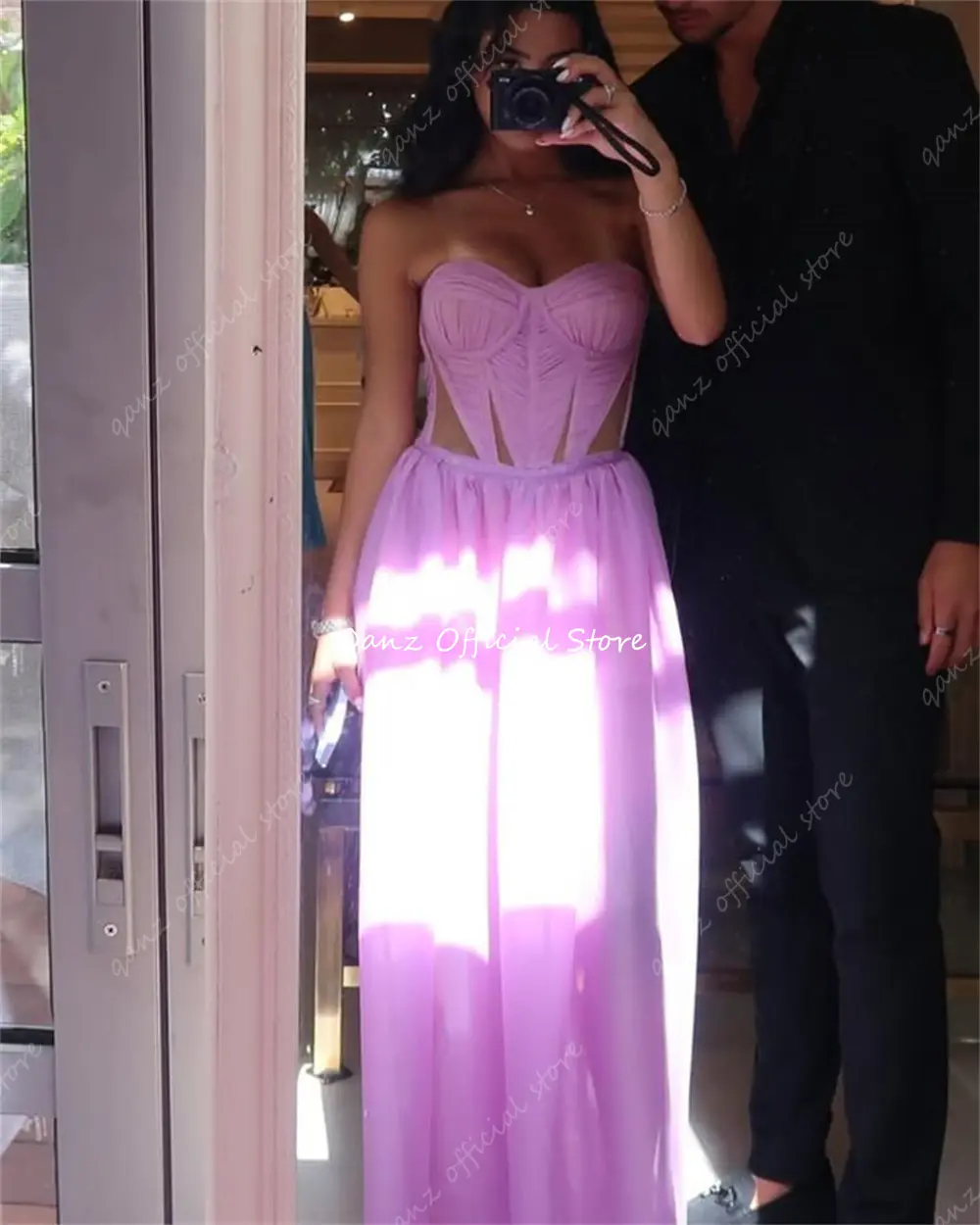 Qanz Lilac Chiffon Prom Dresses Sweethert Long A Line Beach Women Party Dresses Lace Up Back Slit Vestidos De Festa Customized