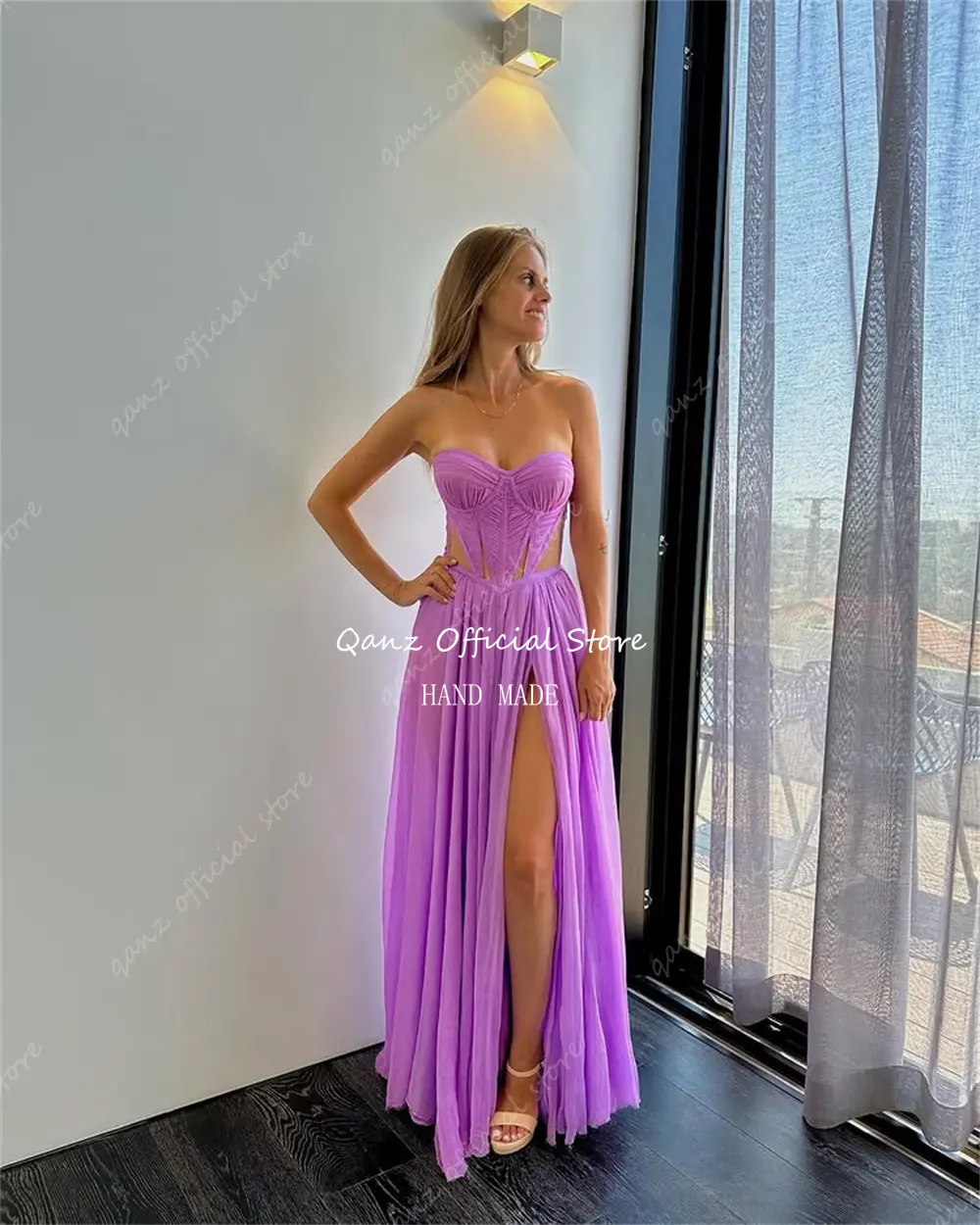 Qanz Lilac Chiffon Prom Dresses Sweethert Long A Line Beach Women Party Dresses Lace Up Back Slit Vestidos De Festa Customized