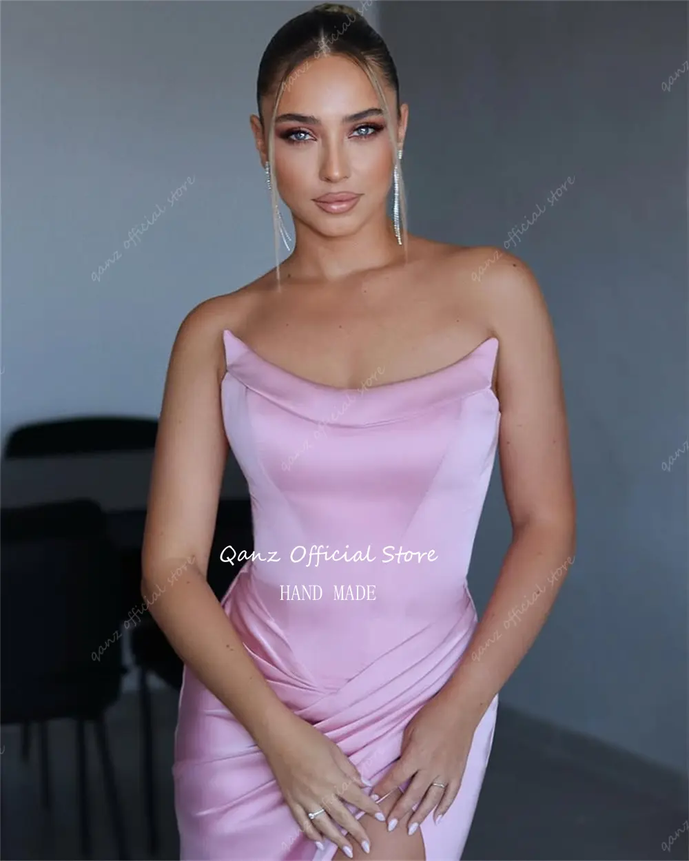 Qanz Modern Satin Prom Dresses High Slit Mermaid Pink Women Evening Dress Strapless Dress For Wedding Guest Elegant Customized