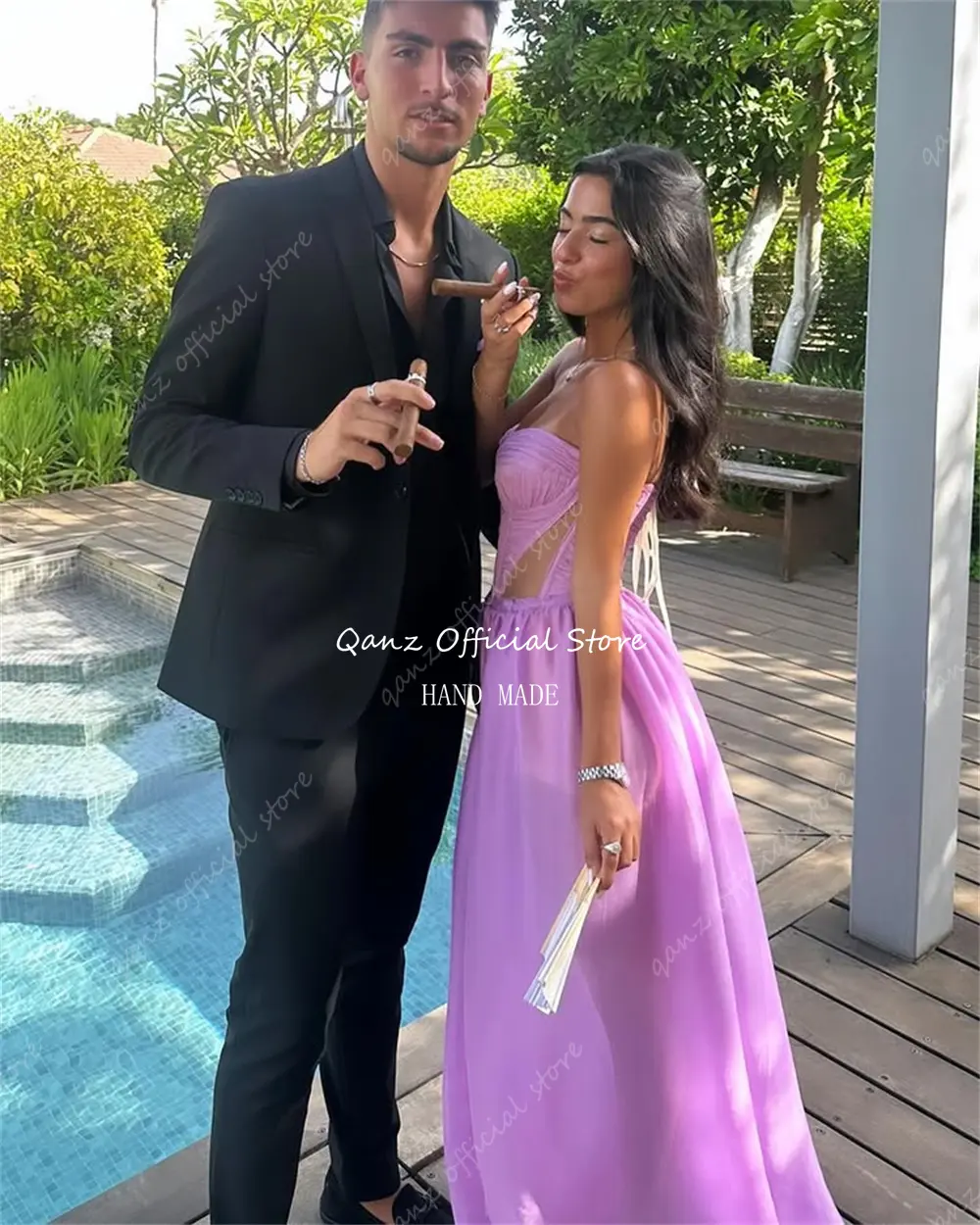Qanz Lilac Chiffon Prom Dresses Sweethert Long A Line Beach Women Party Dresses Lace Up Back Slit Vestidos De Festa Customized