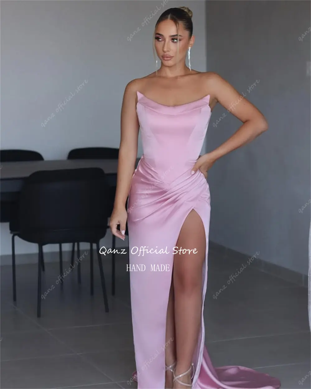 Qanz Modern Satin Prom Dresses High Slit Mermaid Pink Women Evening Dress Strapless Dress For Wedding Guest Elegant Customized