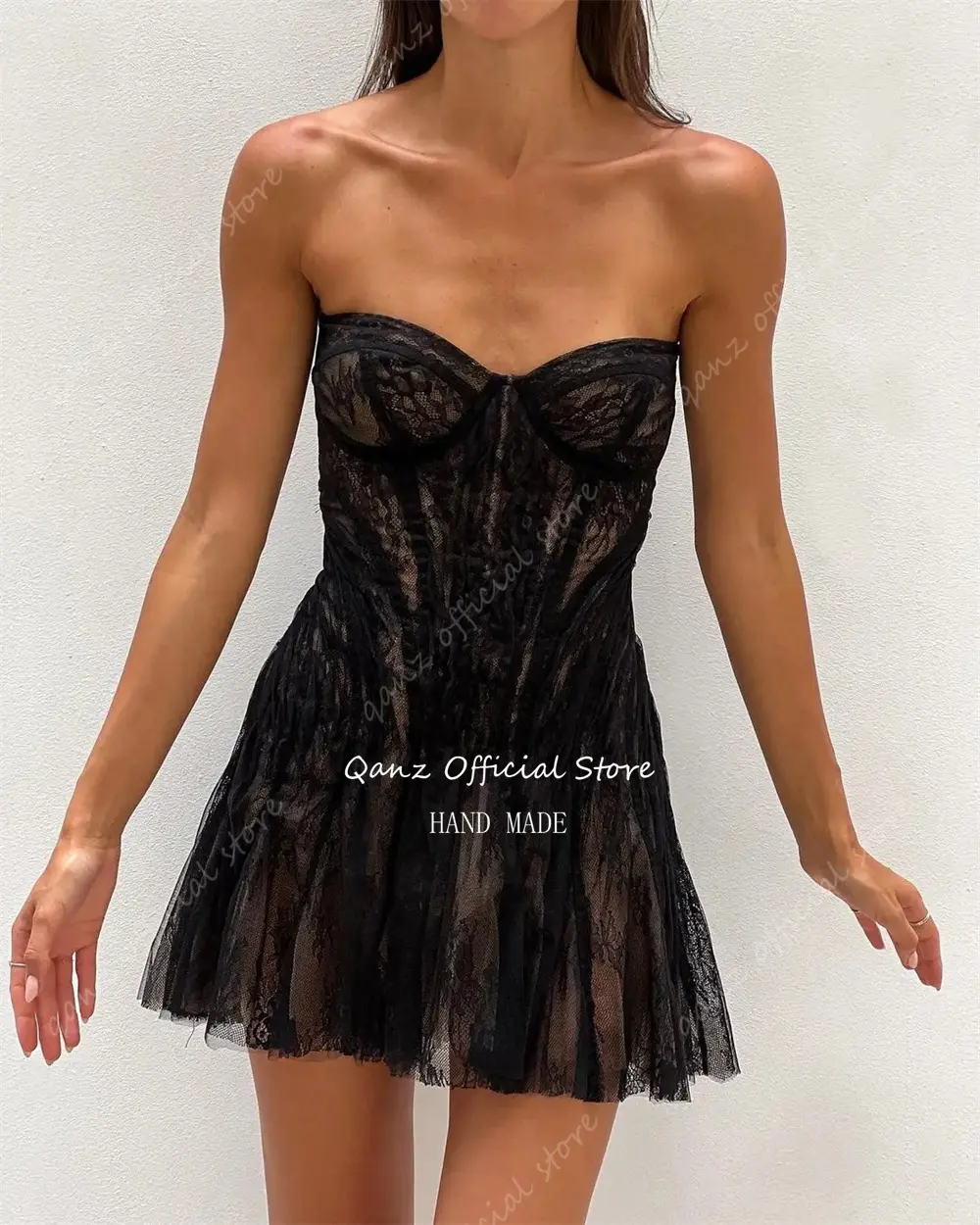 Qanz Sexy Full Lace Prom Dresses Sweetheart Black Corset Back Birthday Dresses Appliques Short Robes De Cocktail Customized