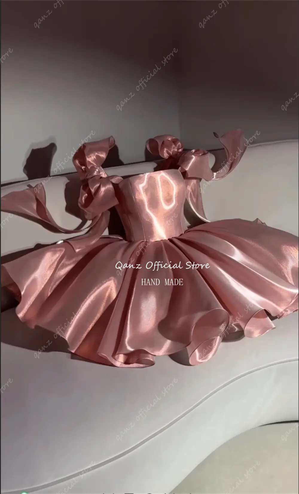Qanz Pink Satin Prom Dresses Strapless Bow Satraps Short Birthday Dress Woman Sexy Lace Up Back платье на выпускной Customized