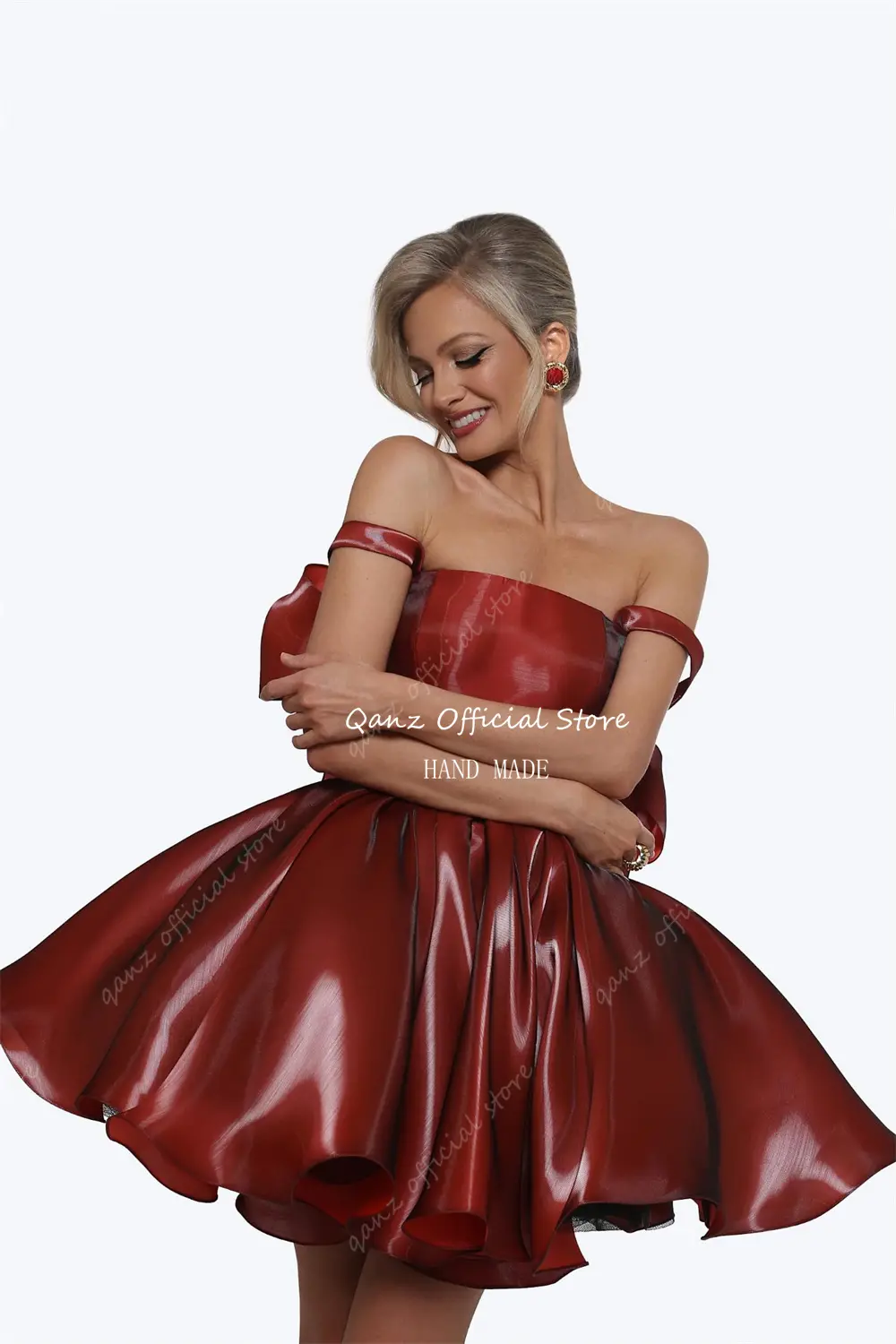 Qanz Pink Satin Prom Dresses Strapless Bow Satraps Short Birthday Dress Woman Sexy Lace Up Back платье на выпускной Customized