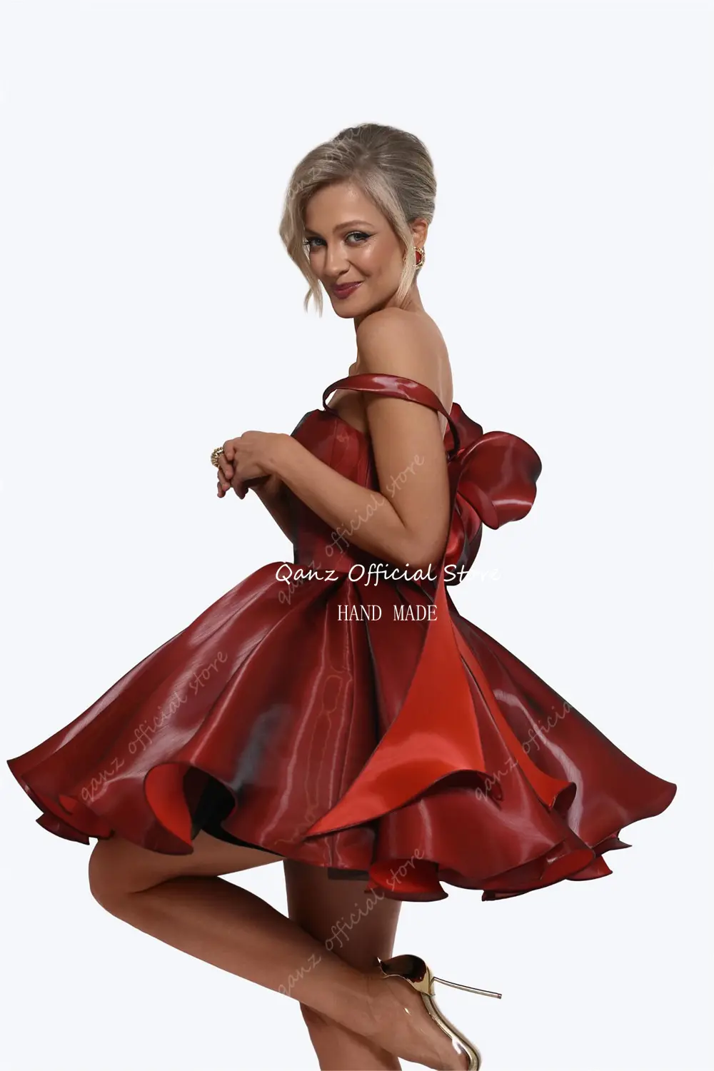 Qanz Pink Satin Prom Dresses Strapless Bow Satraps Short Birthday Dress Woman Sexy Lace Up Back платье на выпускной Customized