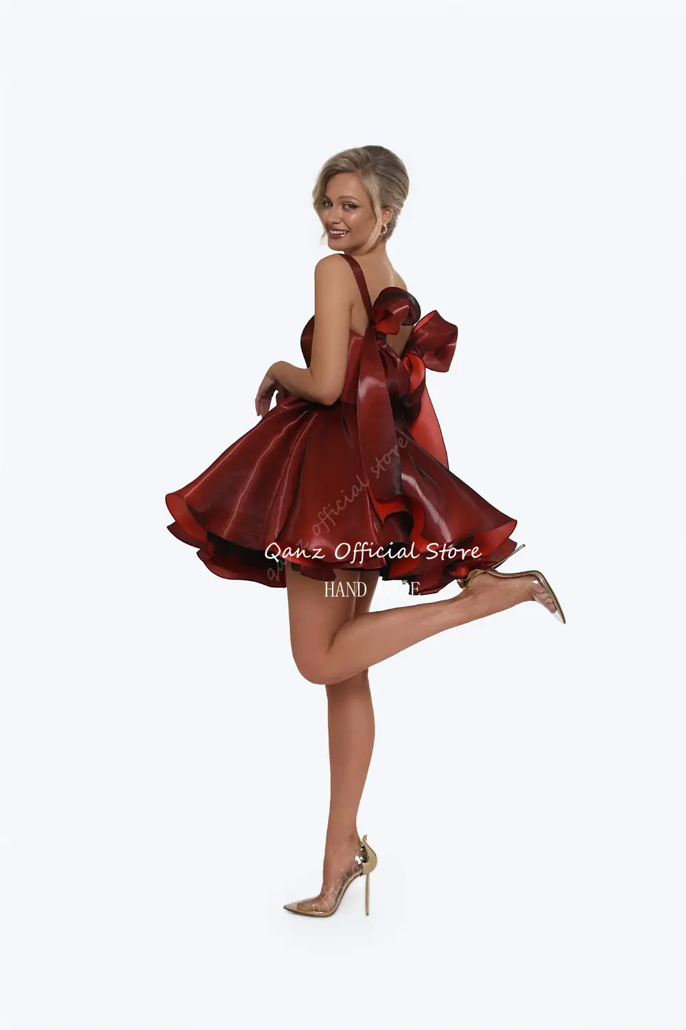 Qanz Pink Satin Prom Dresses Strapless Bow Satraps Short Birthday Dress Woman Sexy Lace Up Back платье на выпускной Customized