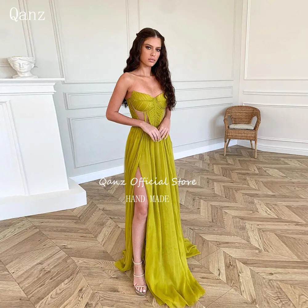 Qanz Sexy Chiffon Evening Dresses Sweetheart Corset Back Long A Line Vestido De Noche Elegante Mujer High Slit Prom Dresses 2024