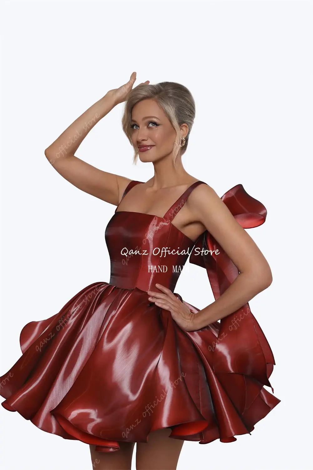 Qanz Pink Satin Prom Dresses Strapless Bow Satraps Short Birthday Dress Woman Sexy Lace Up Back платье на выпускной Customized