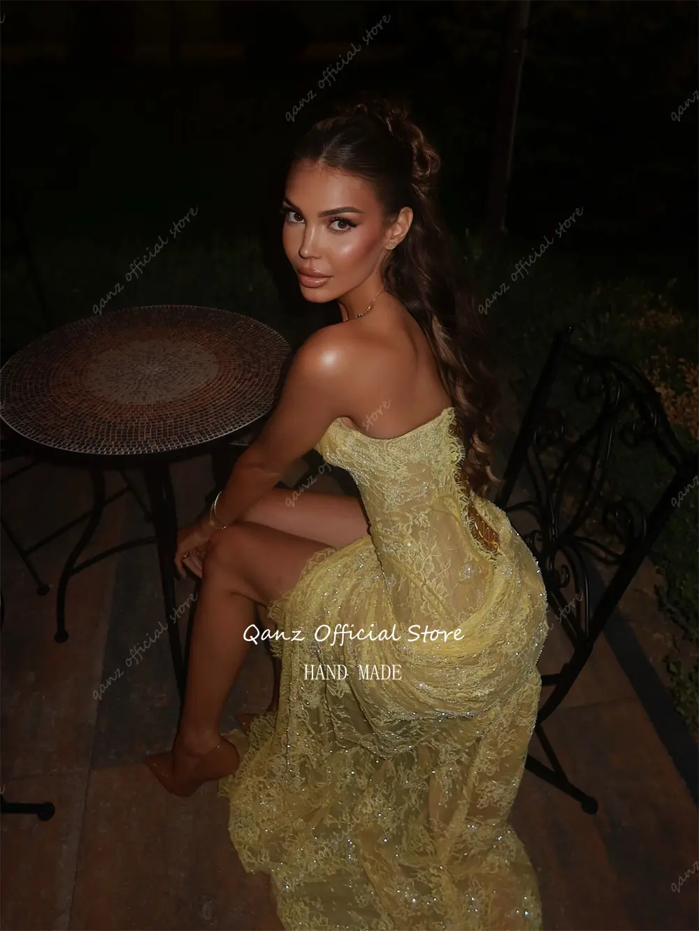 Qanz Luxury Yellow Prom Dresses Full Lace Appliques Glitter Mermaid Vestidos De Fiesta Mujer High Slit Evening Dress Customized