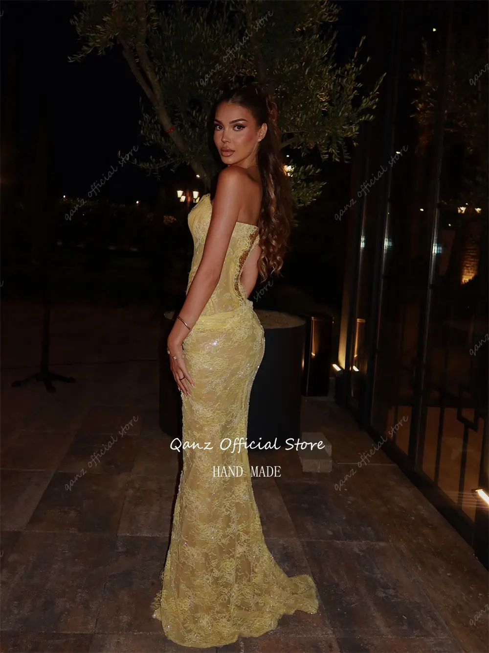 Qanz Luxury Yellow Prom Dresses Full Lace Appliques Glitter Mermaid Vestidos De Fiesta Mujer High Slit Evening Dress Customized