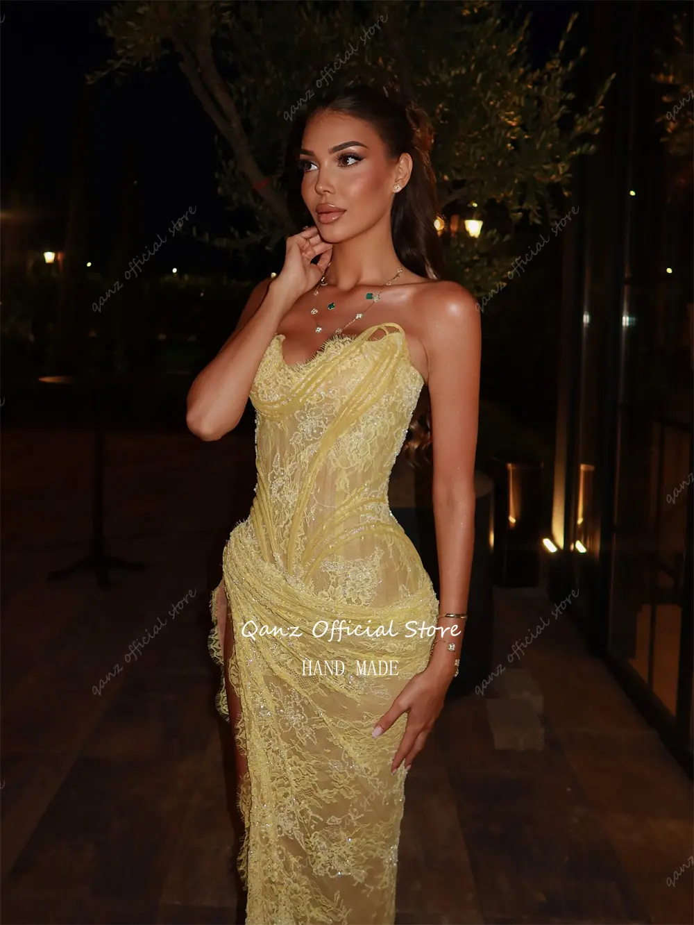 Qanz Luxury Yellow Prom Dresses Full Lace Appliques Glitter Mermaid Vestidos De Fiesta Mujer High Slit Evening Dress Customized