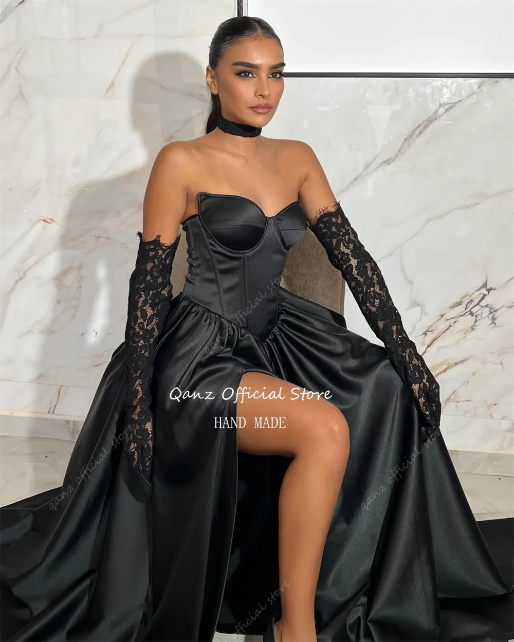 Qanz Formal Black Prom Dresses Soft Satin High Leg Slit Sweetheart Evening Dress Long A Line Women Vestidos De Gala Customized