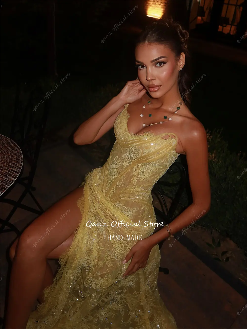 Qanz Luxury Yellow Prom Dresses Full Lace Appliques Glitter Mermaid Vestidos De Fiesta Mujer High Slit Evening Dress Customized