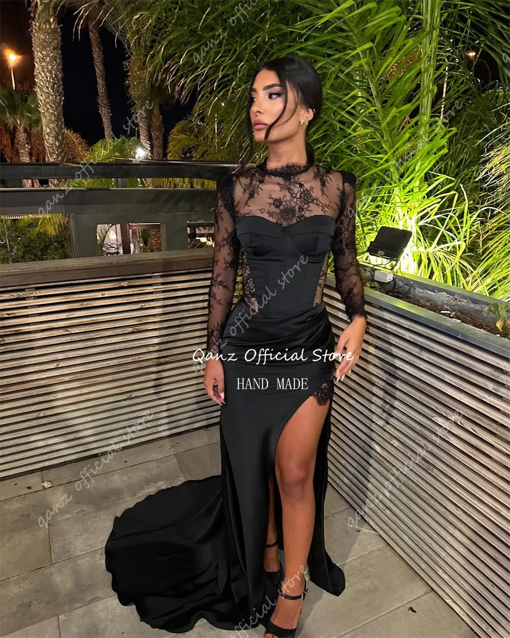 Qanz O Neck Black Lace Evening Dresses High Slit Long Sleeves Illusion Vestidos Para eventos especiales party gowns Customized