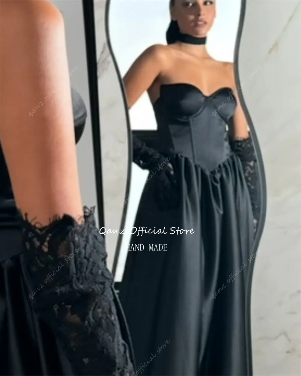 Qanz Formal Black Prom Dresses Soft Satin High Leg Slit Sweetheart Evening Dress Long A Line Women Vestidos De Gala Customized
