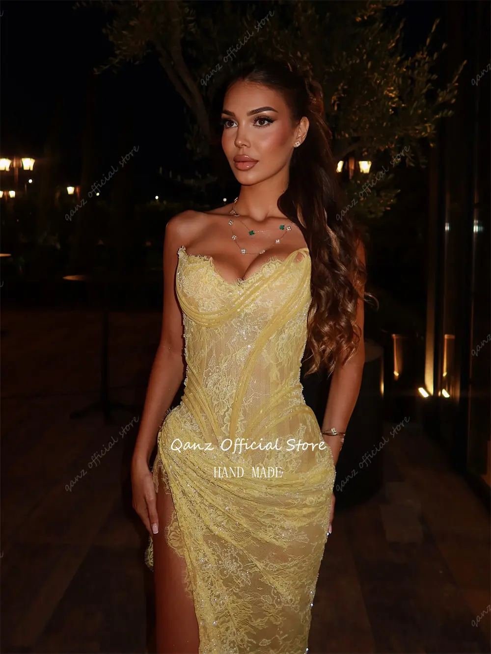 Qanz Luxury Yellow Prom Dresses Full Lace Appliques Glitter Mermaid Vestidos De Fiesta Mujer High Slit Evening Dress Customized