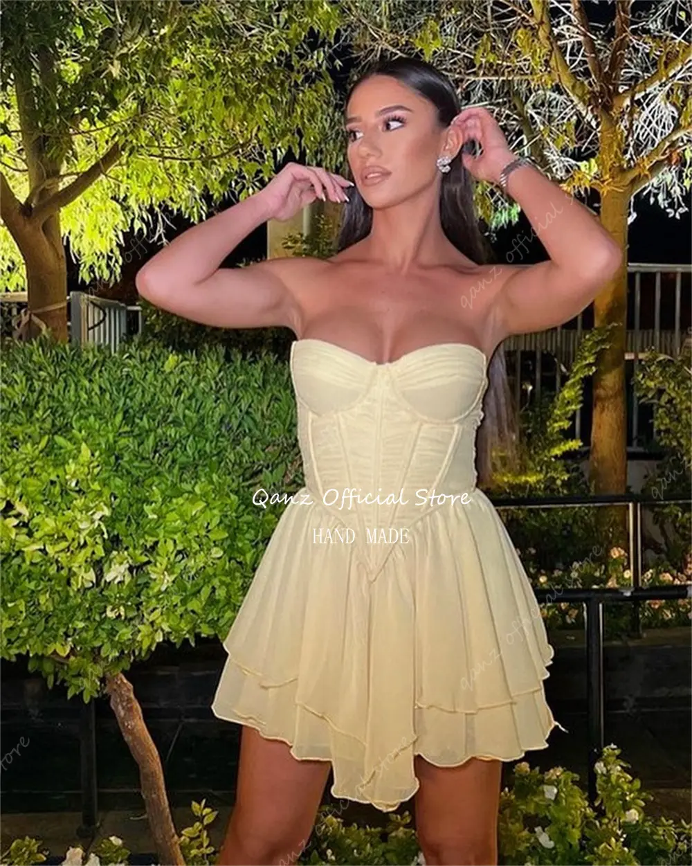Qanz Sexy Yellow Prom Dresses Mini Short Chiffon Lace Up Back Vestidos Para Eventos Especiales Dress Party Nigh Club Customized
