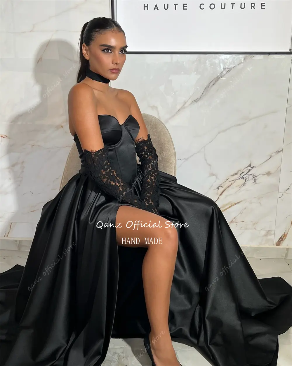 Qanz Formal Black Prom Dresses Soft Satin High Leg Slit Sweetheart Evening Dress Long A Line Women Vestidos De Gala Customized