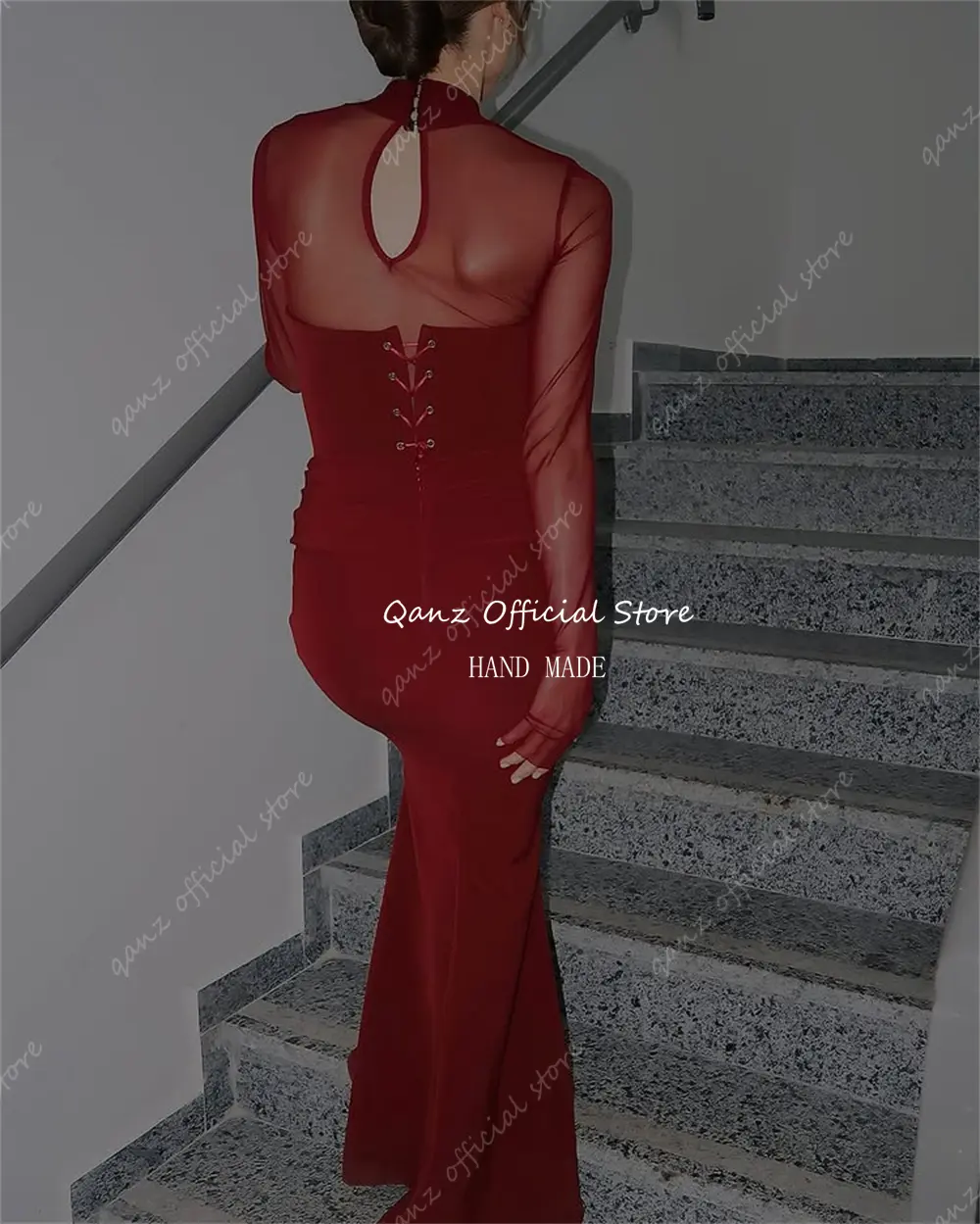 Qanz Red Long Sleeves Evening Dresses Mermaid Illusion Modest Women Pleat Vestidos De Gala Wedding Party Dress Customized