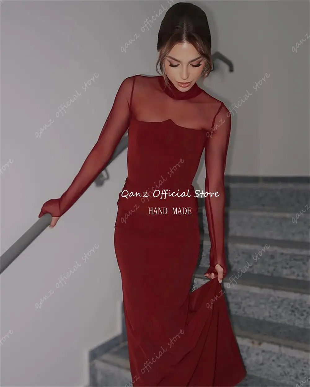 Qanz Red Long Sleeves Evening Dresses Mermaid Illusion Modest Women Pleat Vestidos De Gala Wedding Party Dress Customized