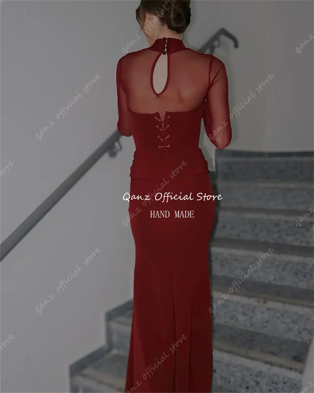 Qanz Red Long Sleeves Evening Dresses Mermaid Illusion Modest Women Pleat Vestidos De Gala Wedding Party Dress Customized