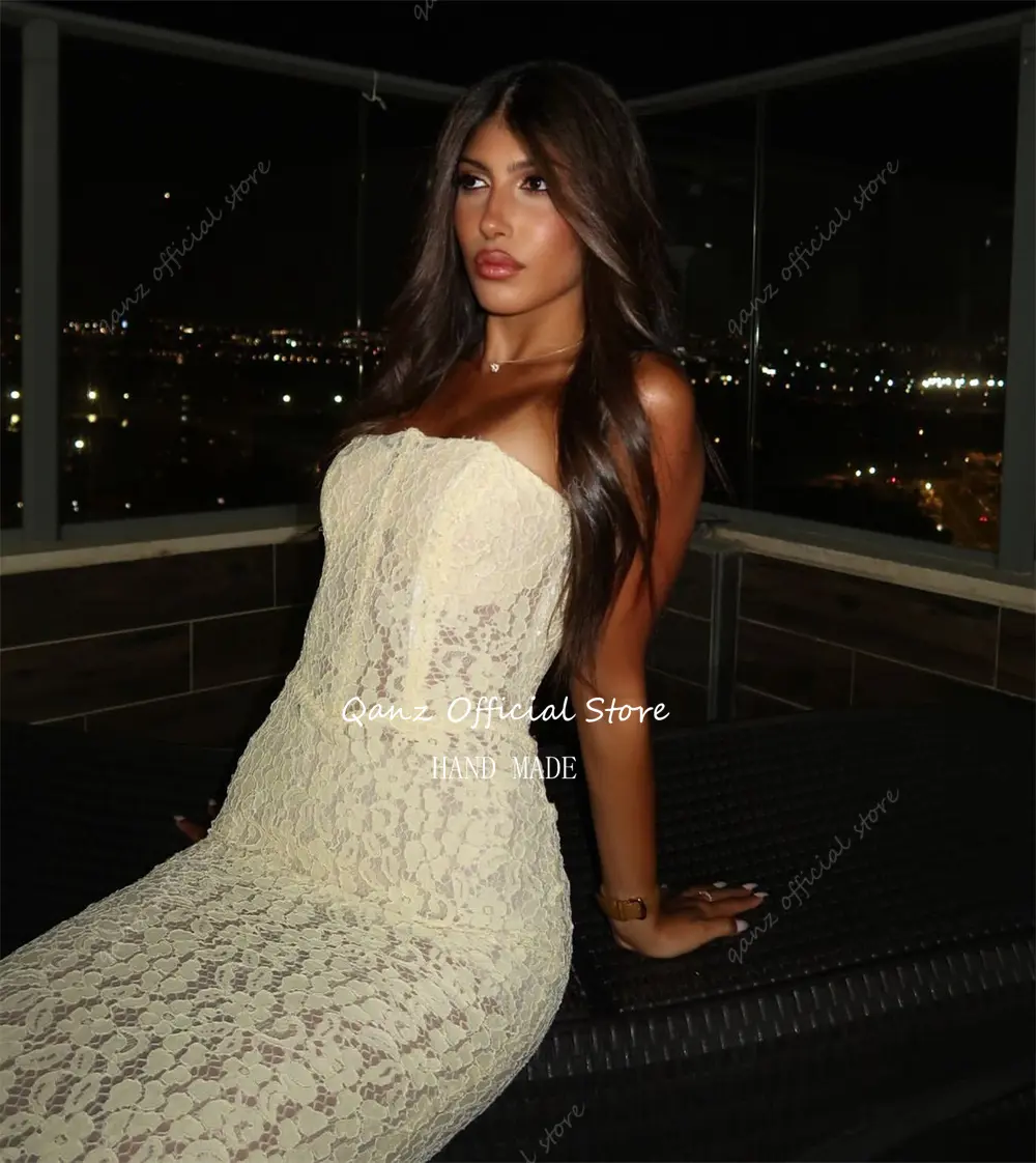 Qanz Light Yellow Prom Dresses Full Lace Appliques Evening Dresses Sheer Women Mermaid Corset Vestidos De Fiesta Customized
