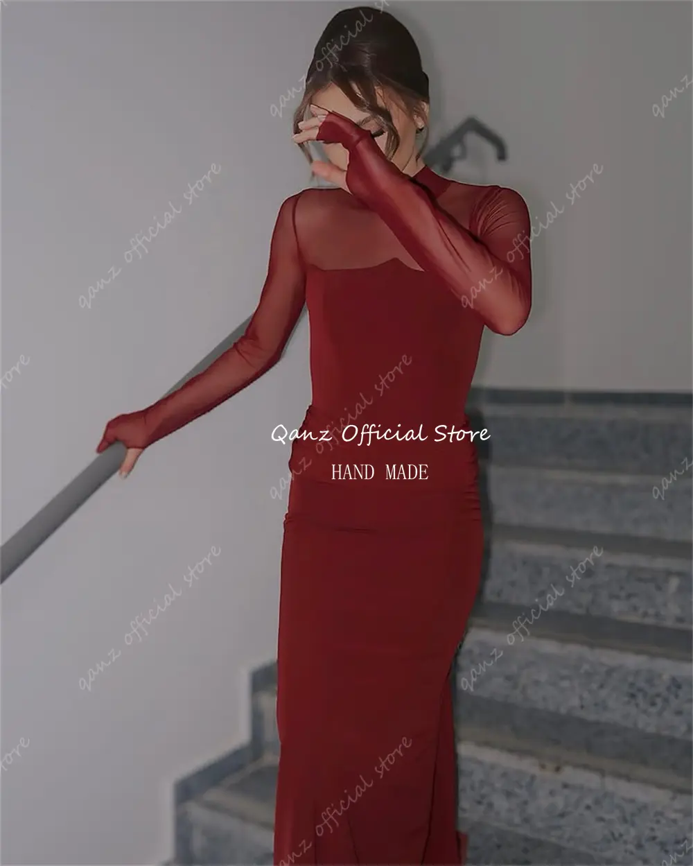 Qanz Red Long Sleeves Evening Dresses Mermaid Illusion Modest Women Pleat Vestidos De Gala Wedding Party Dress Customized