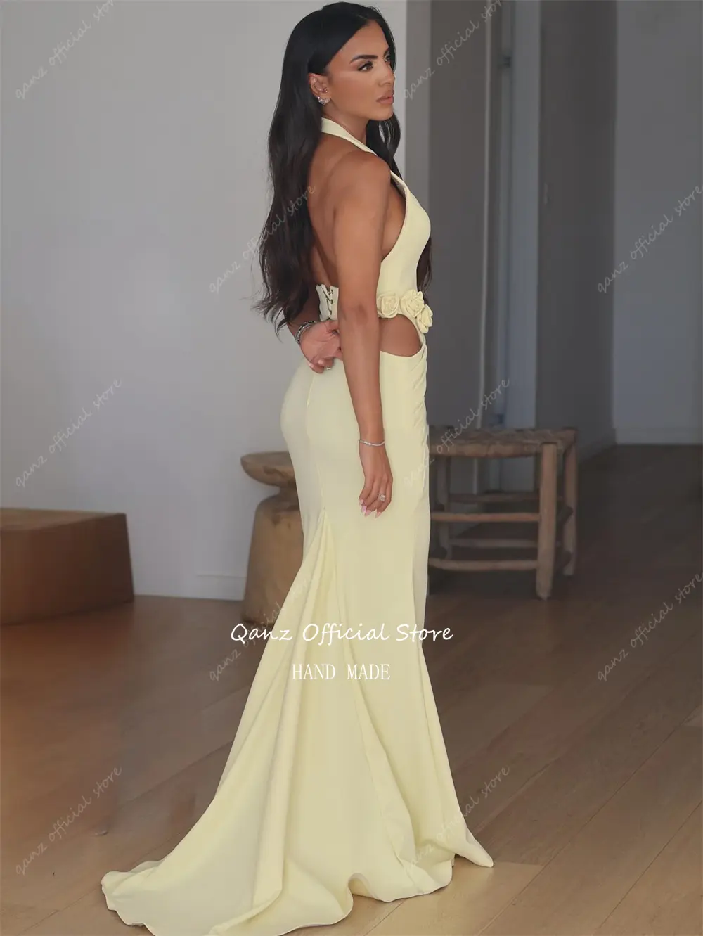 Qanz Banana Yellow Mermaid Prom Dresses Halter Neck Sexy Backless Formal Evening Dress Satin Flowers Vestidos De Gala Customized