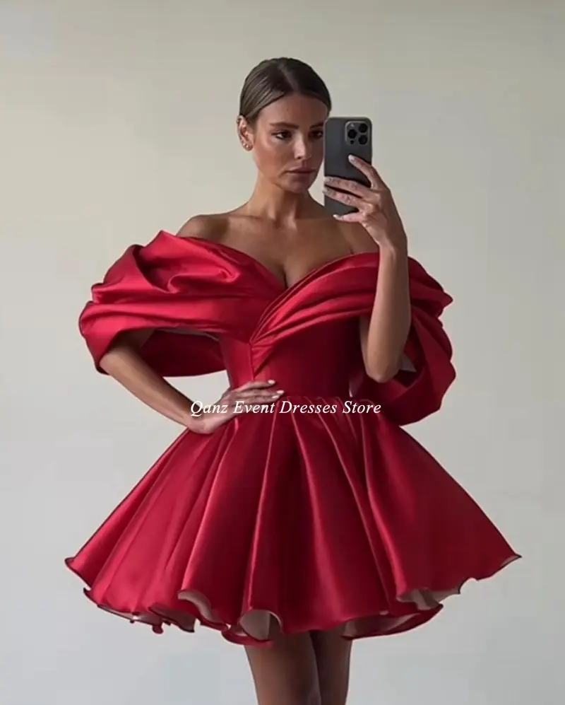 Qanz Short Prom Dress Red Off Shoulder Above Knee Satin Formal Evening Gown Girl Vestidos De Graduación Party Dress Customized