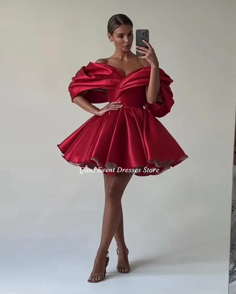 Qanz Short Prom Dress Red Off Shoulder Above Knee Satin Formal Evening Gown Girl Vestidos De Graduación Party Dress Customized