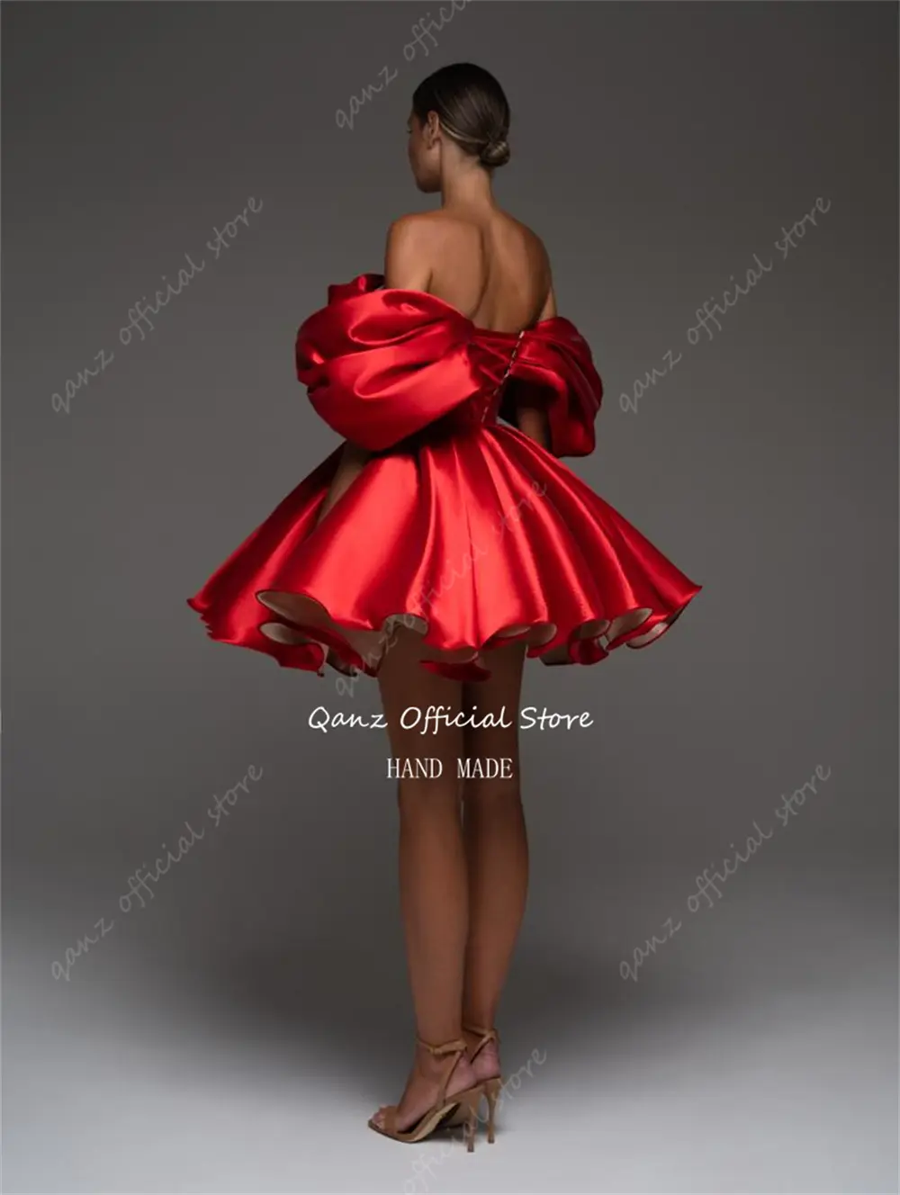 Qanz Short Prom Dress Red Off Shoulder Above Knee Satin Formal Evening Gown Girl Vestidos De Graduación Party Dress Customized