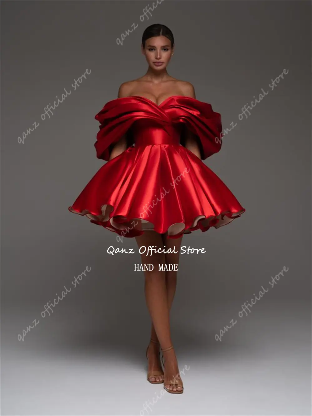 Qanz Short Prom Dress Red Off Shoulder Above Knee Satin Formal Evening Gown Girl Vestidos De Graduación Party Dress Customized