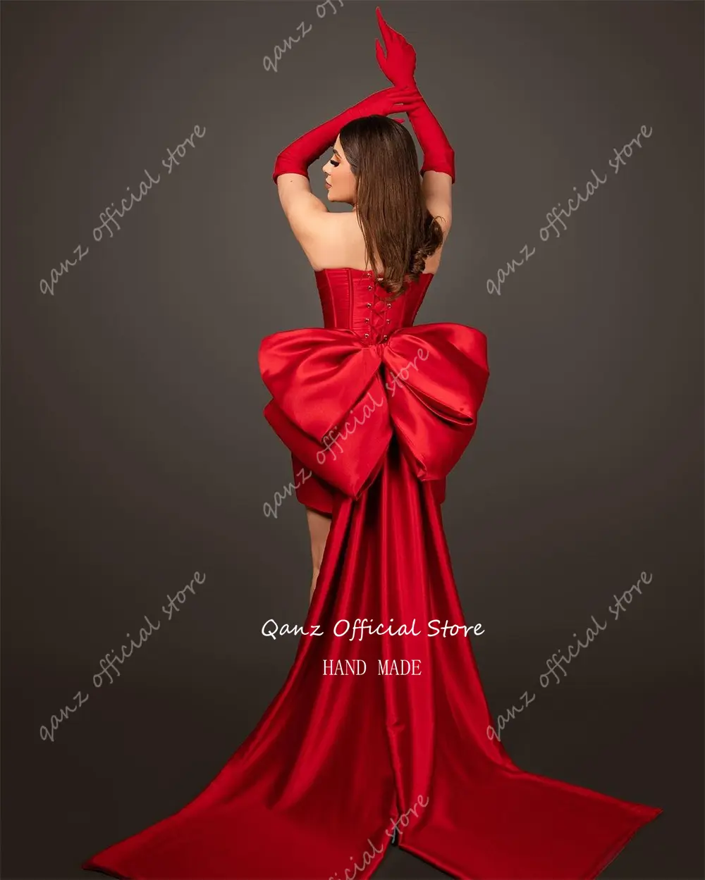 Qanz Red Sweetheart Birthday Outfits Women Satin Short Cocktail Dresses Customized Lace Up Back Bow Mezuniyet Balo Elbiseleri