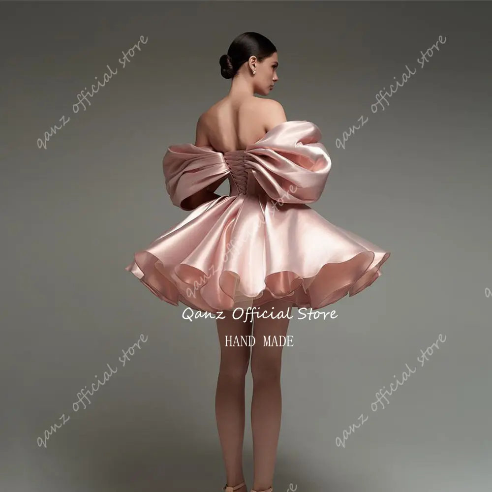 Qanz Rose Gold Short Prom Dresses Off The Shoulder Satin Vestidos De Graduación Mini Lace Up Back Vestidos De Fiesta Customized