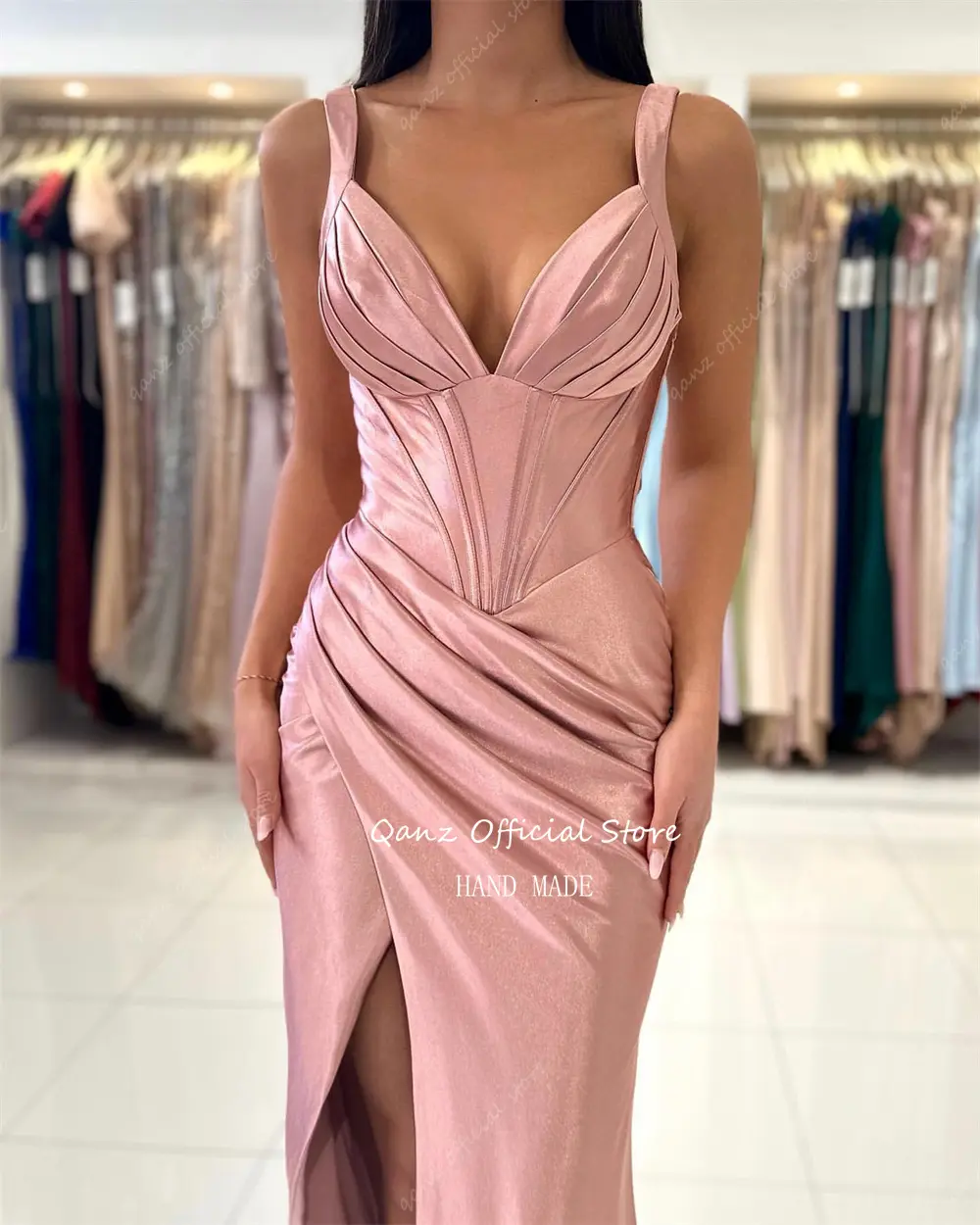 Qanz Dirty Pink Prom Dresses High Slit Mermaid Satin Vestidos De Fiesta Elegantes Spaghetti Straps Robes De Soirée Customized